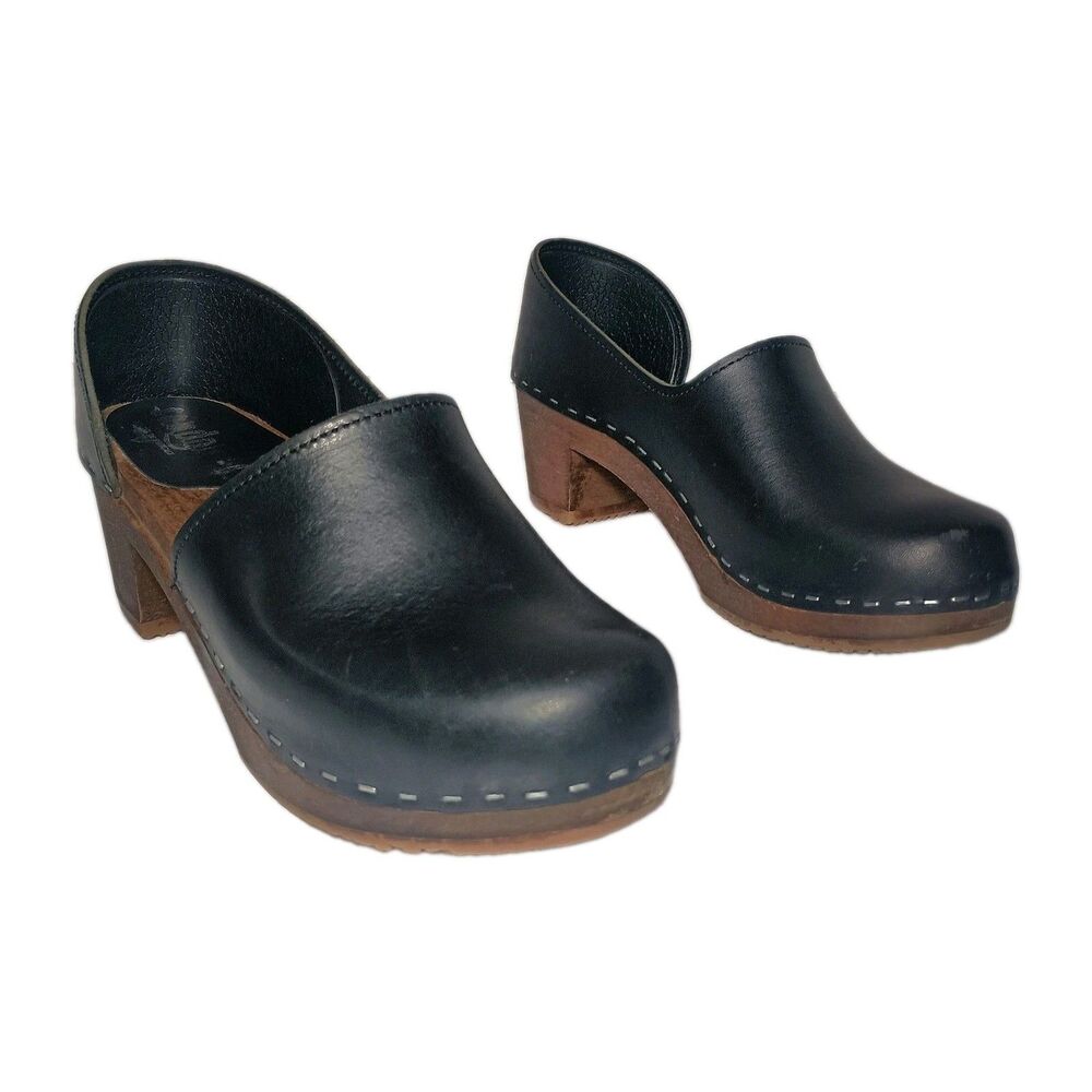 Sandgrens Brett Clogs Womens EU 38 US 7-7.5 Black Leather Swedish Wood Heel